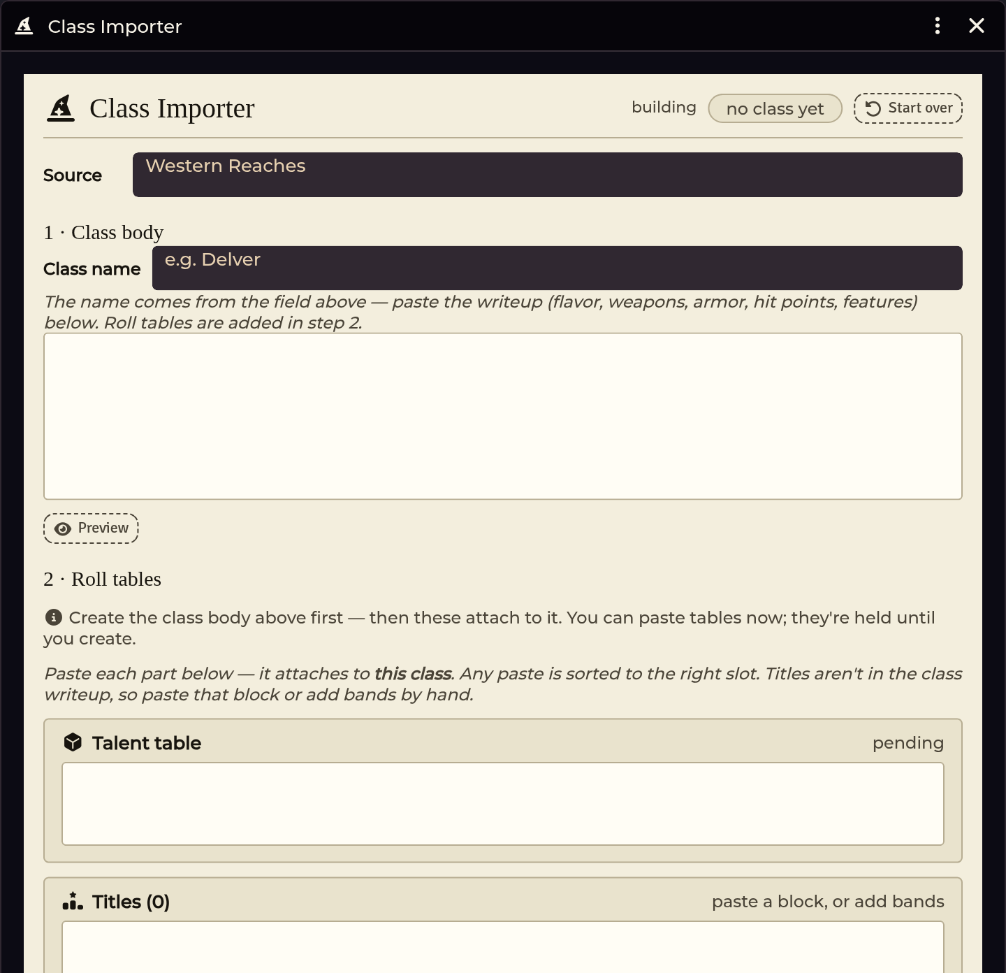 The Class Importer workspace