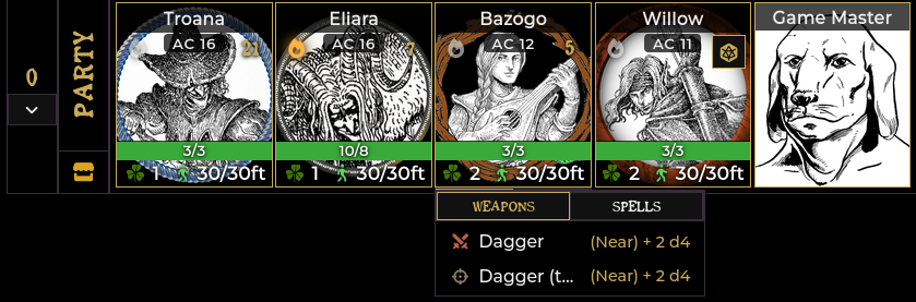 The Crawl Strip during a crawl, showing four party members and the GM card