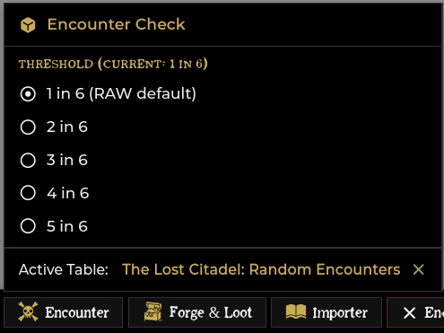The Encounter right-click menu: the check, the threshold options, and the active table
