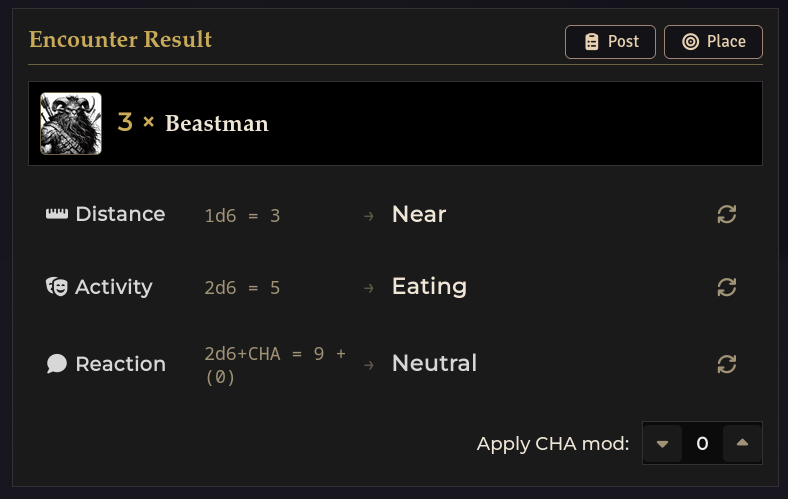An encounter result: 3 × Beastman with its Distance, Activity and Reaction facets
