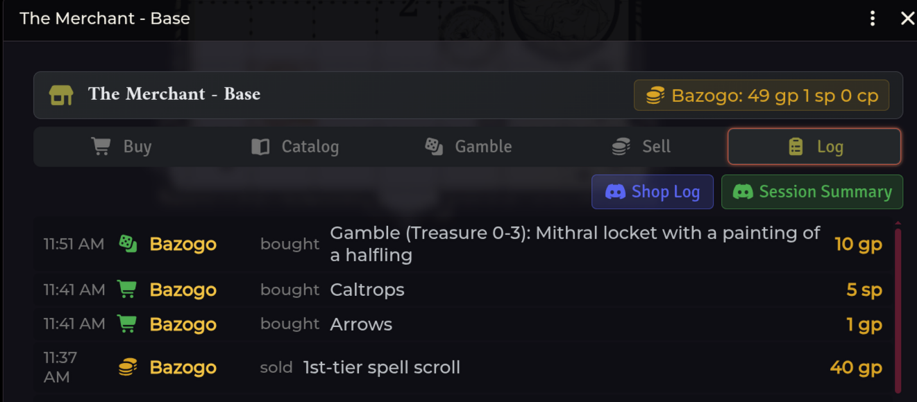 The Log tab: timestamped rows showing who bought or sold what and for how much, with Shop Log and Session Summary export buttons