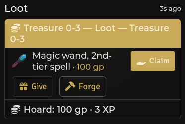 A claimable loot card in chat: a magic wand with its Claim button, and the hoard total beneath
