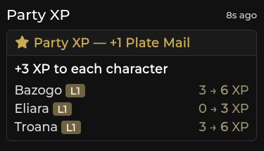 The Party XP chat card: the award's label as its title, the per-character amount, then one row per character with their level and old → new XP
