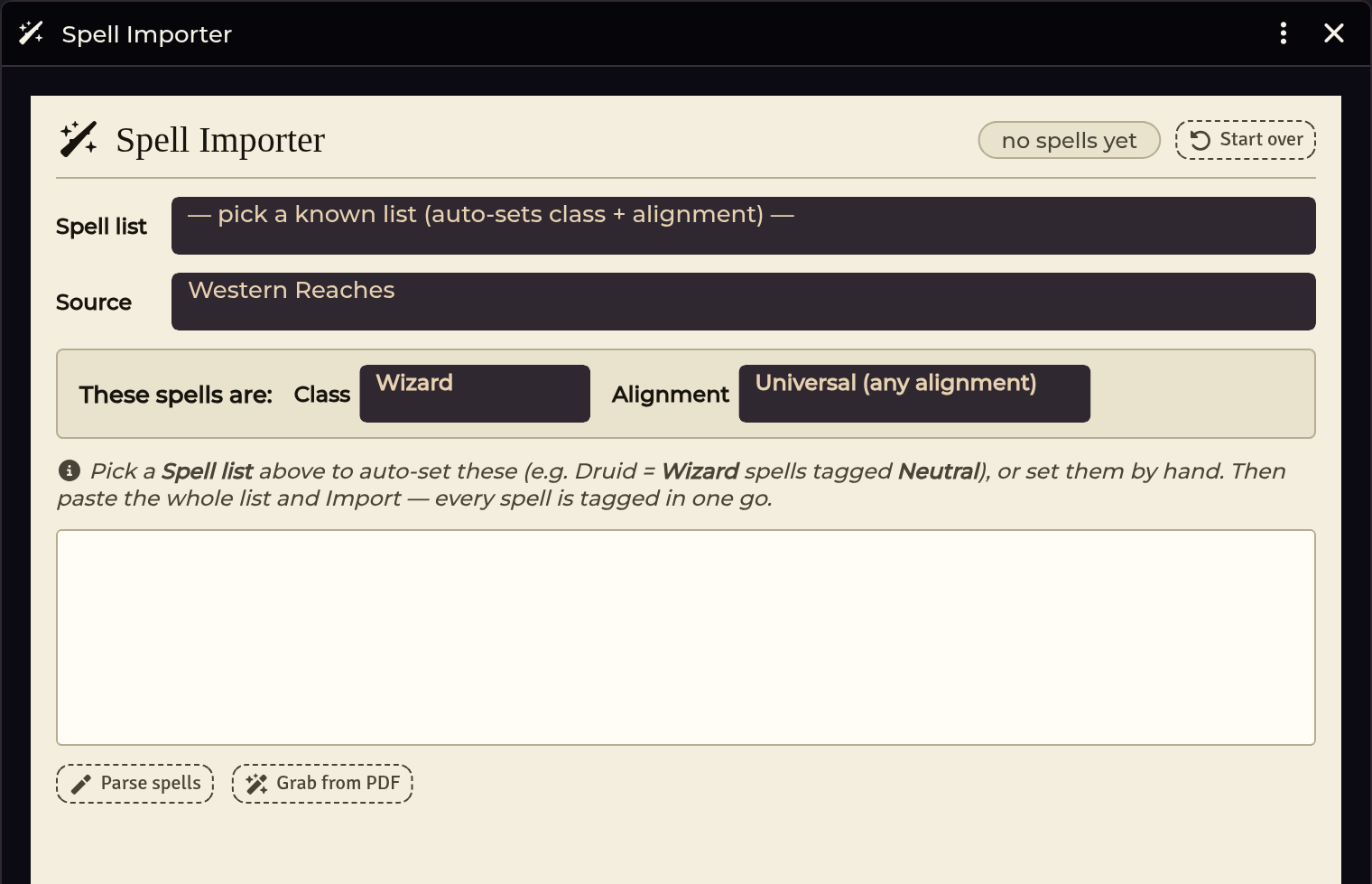 The Spell Importer workspace